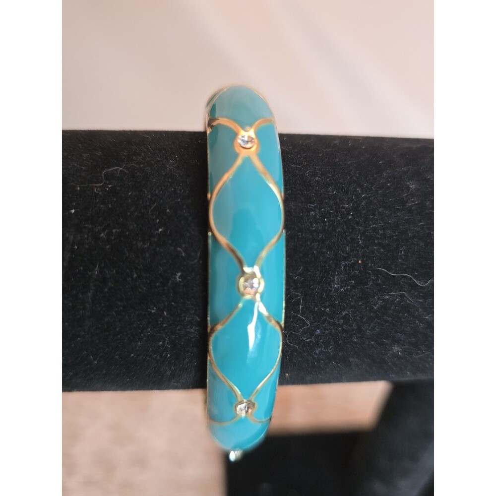 Vintage Turquoise Enamel Clamper Bracelet Gold Tone Rhinestone Jewelry #259 - Picture 2 of 12